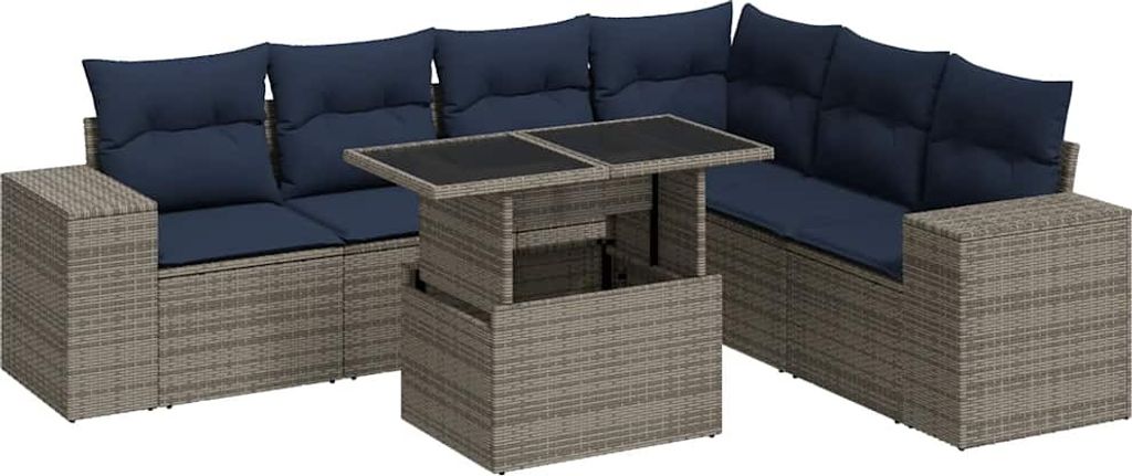 7-tlg. Garten-Sofagarnitur mit Kissen Grau Poly Rattan Akazie