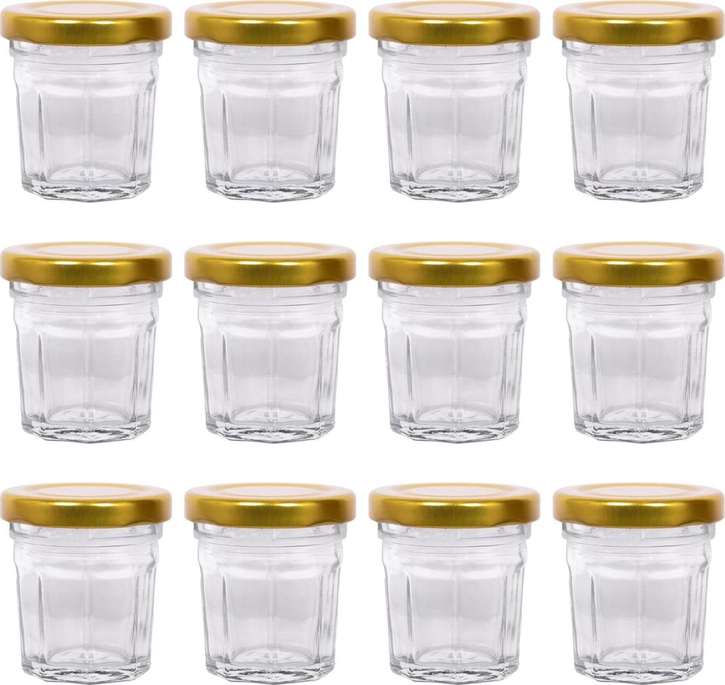 12x 42ml Marmeladengläser mit Golddeckel - Leer Schraubenkopf Küche Essen Honig Würzen Konservieren Einmachen Lagerung Glas-Set - Von Argon Ta