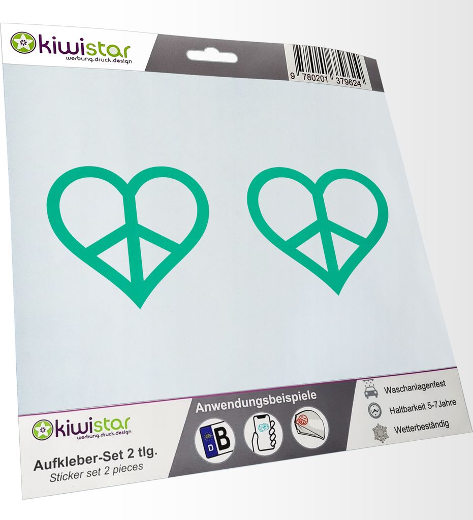 Kiwistar - 2x Kennzeichenaufkleber - tuerkis - 21 mm Peace - Herz - Heart - Autoaufkleber - Aufkleber für Auto, Laptop, Fahrrad, LKW, Motorrad Meh...
