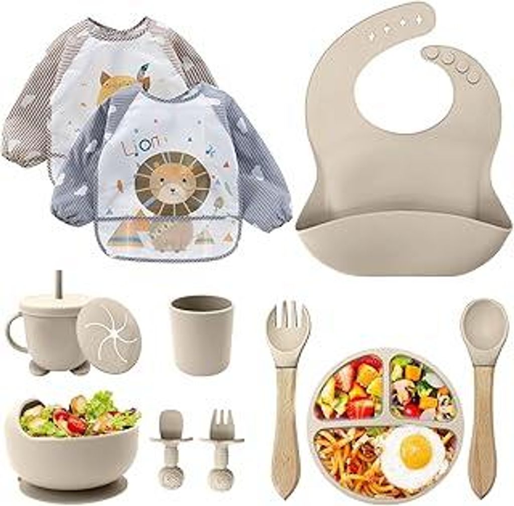 Baby Geschirrset,12er Set Kindergeschirr, Babylöffel,Trinklernbecher,Silikon Lätzchen,Baby Teller Kinderteller mit Saugnapf,Baby Led Weaning Best...