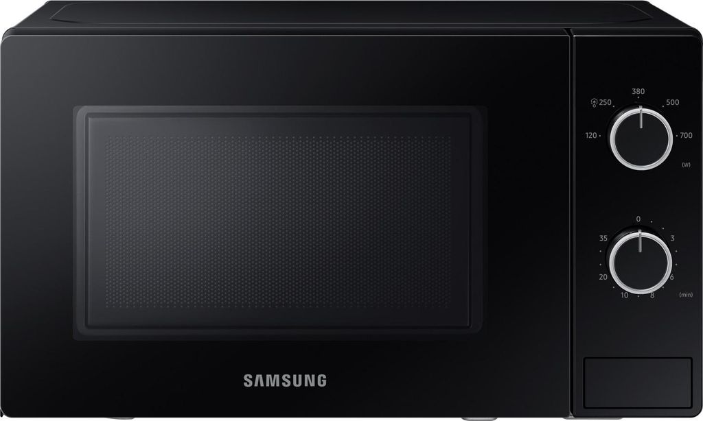 A front view of a black Samsung microwave oven on a black background.