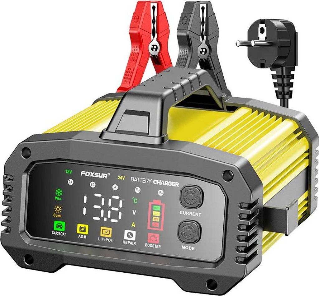Tragbares intelligentes Autobatterie-Ladegerät - Ladegerät 12V/25A - Booster-Funktion - Einstellbarer Ladestrom - Für Blei- und LiFePO4-Akkus - ...