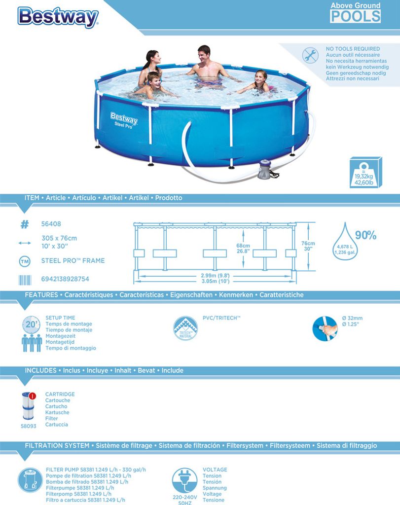 Bestway Steel Pro Frame Pool  305x76 cm  inkl. Filterpumpe  Produktbild 6