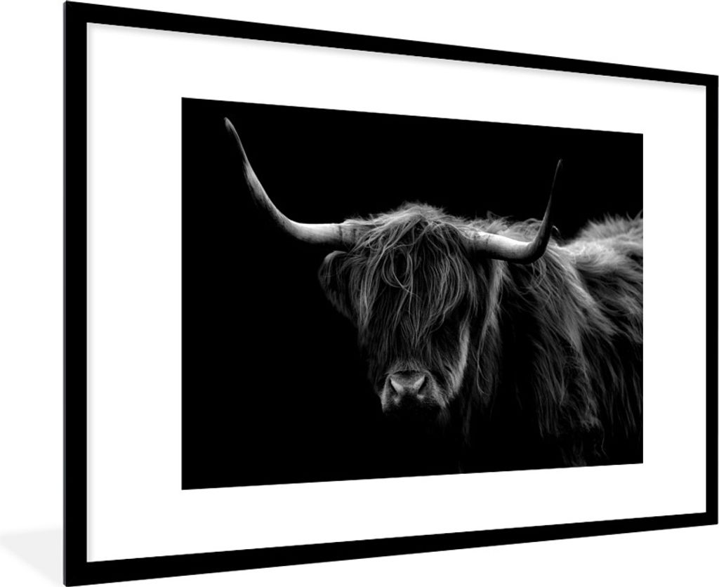 MuchoWow Gerahmtes Poster Schottischer Highlander - Hörner - Schwarz - Tiere - Natur - Wild - Kuh 90x60 cm - Poster mit Schwarzem Bilderrahmen W...