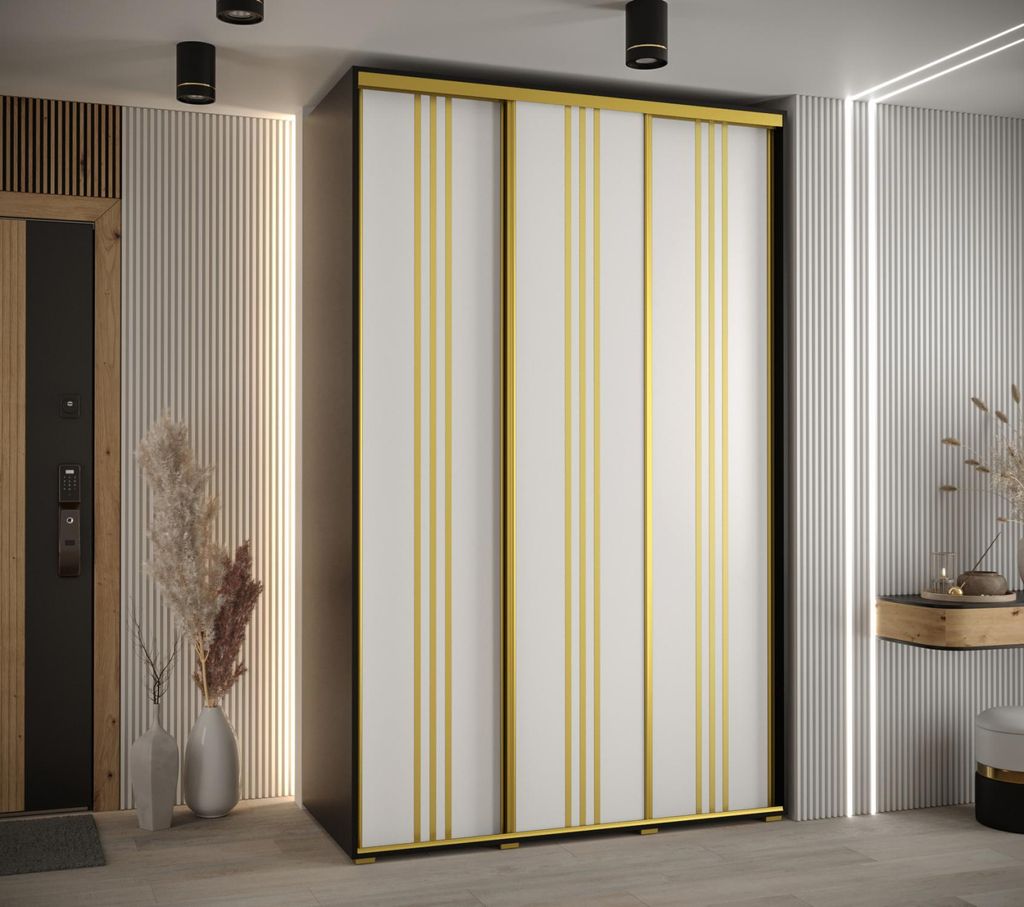 Kleiderschrank YVONA 6 – 150/60 cm, schwarz/weiß/gold