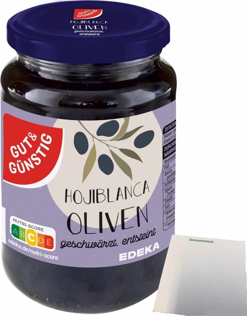 Gut & Günstig Hojiblanca Oliven geschwärzt entsteint (340g Glas) + usy Block