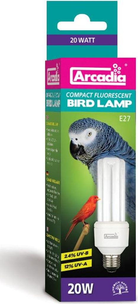 The image shows the packaging of an Arcadia Bird Lamp.
