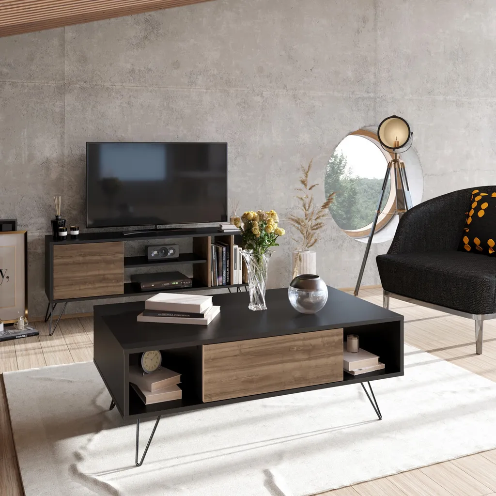 Table Basse de Salon Design Noir et Bois Noyer Mistico 120 cm de Large - 5