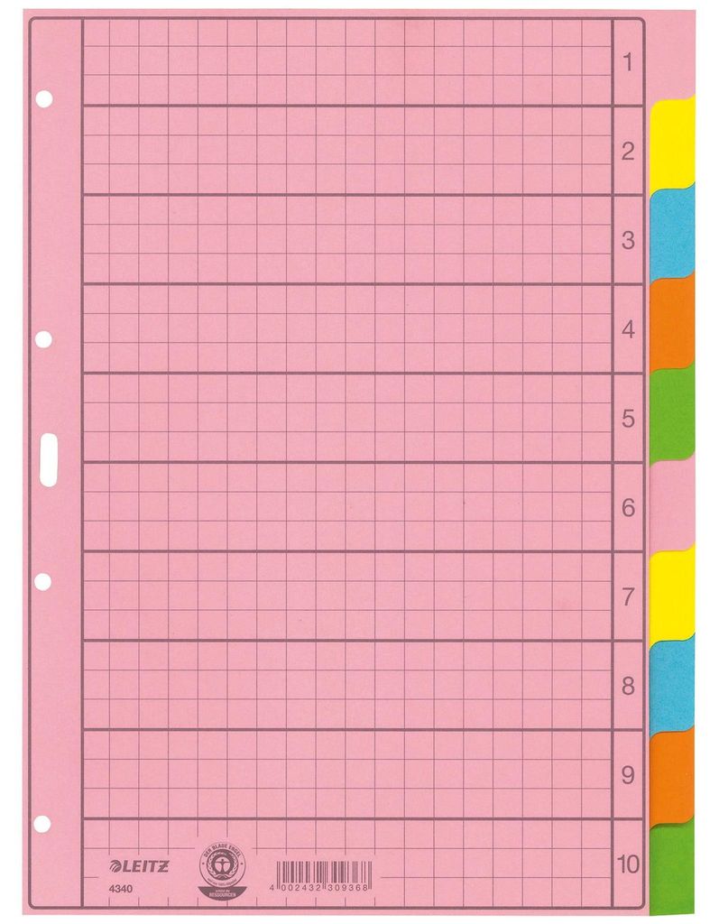 Leitz 43400000, Leerer Registerindex, Papier, Mehrfarbig, Porträt, A4, 130 g/m²