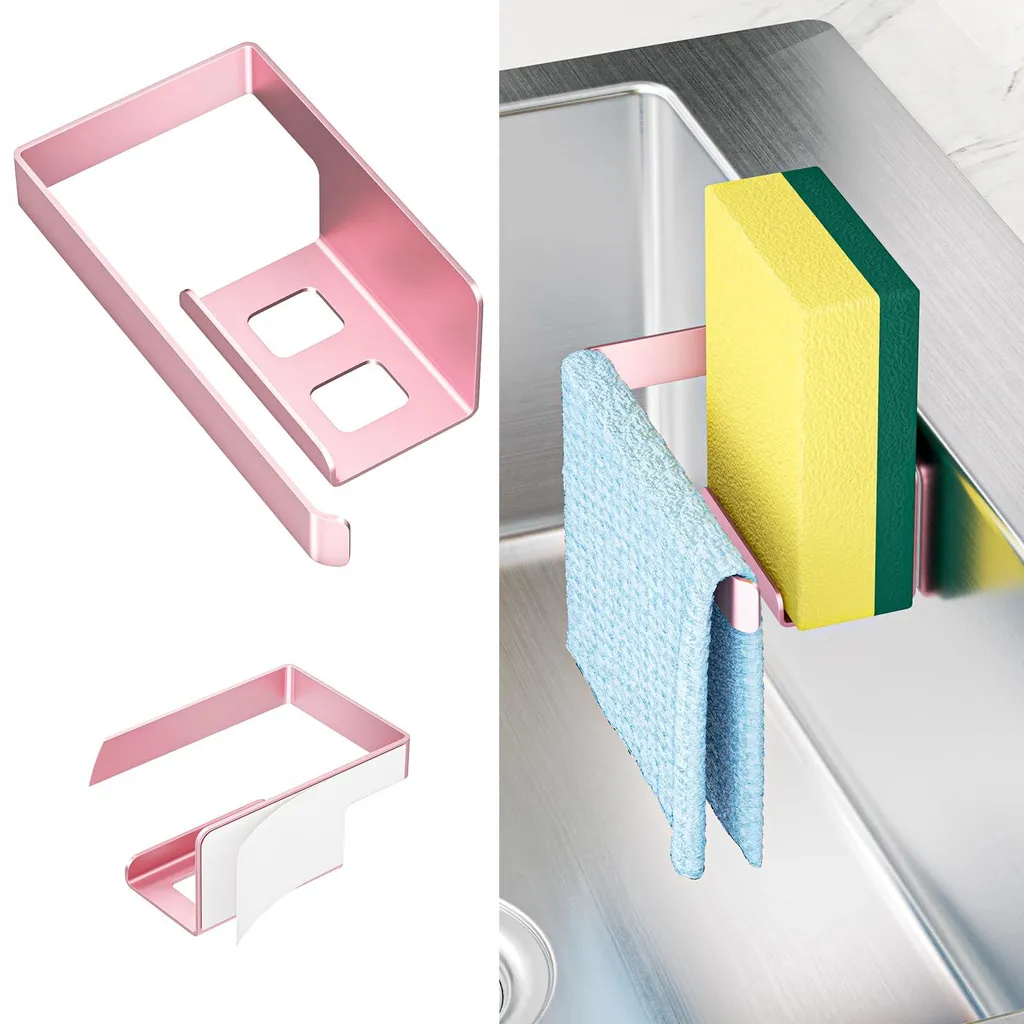 Porte-éponge inox 2 en 1 or rose adhésif : l'élégance du rangement cuisine