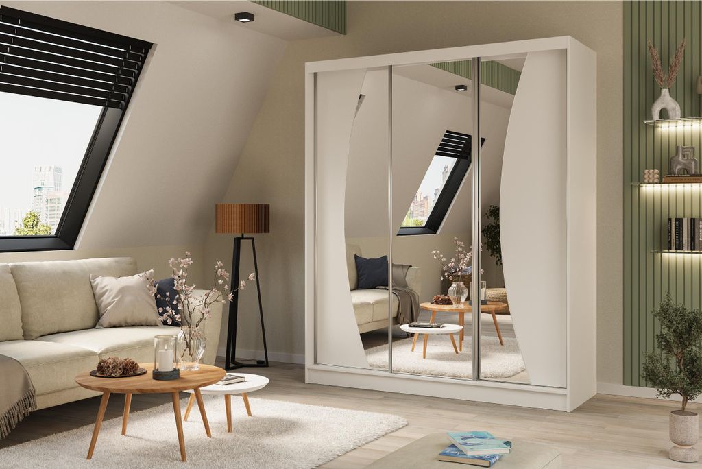 Schiebetürenschrank 180 cm Flow mit dekorativem Spiegel und Schubladen Weißer Kleiderschrank mit Schiebetüren und Spiegel Moderner Kleiderschran...
