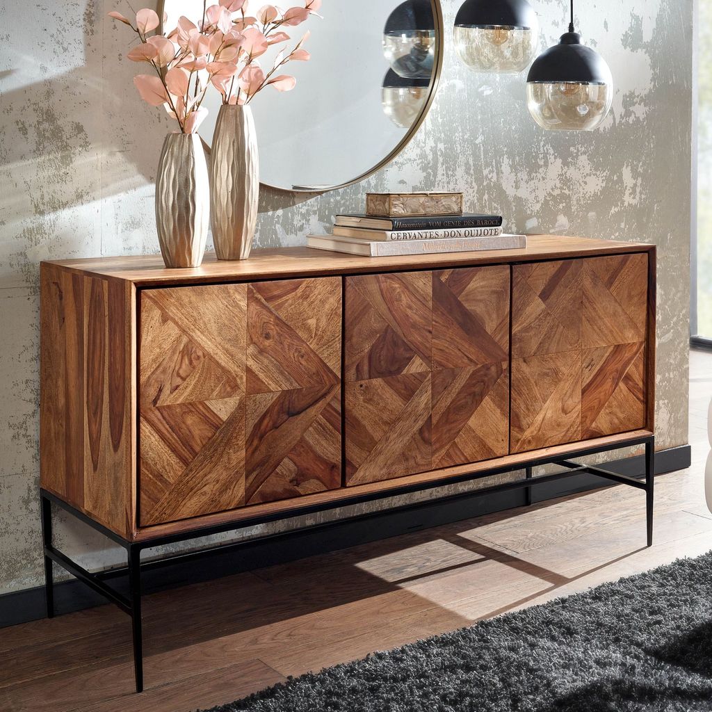 WOHNLING Sideboard 123x70x45 cm Sheesham Massivholz / Metall Anrichte mit Türen Industrial Kommode Kommodenschrank Holz Modern Standschrank Wohnzi...