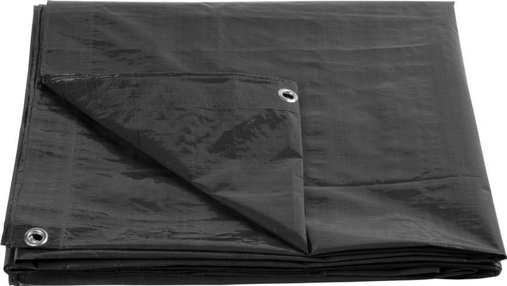 A folded black tarpaulin is shown against a white background.