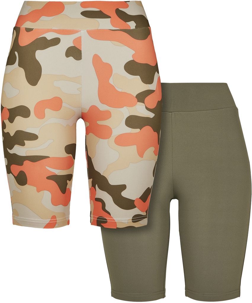 Urban Classics Damen Shorts Ladies High Waist Camo Tech Cycle Shorts Double Pack Brick Camouflage/Olive-XXL