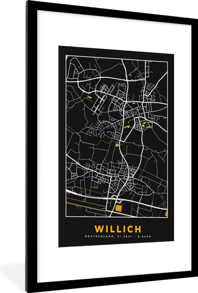 MuchoWow Gerahmtes Poster Stadtplan - Karte - Willich - Gold - Deutschland - Karte 60x90 cm - Poster mit Schwarzem Bilderrahmen Wandposter Rahmen...