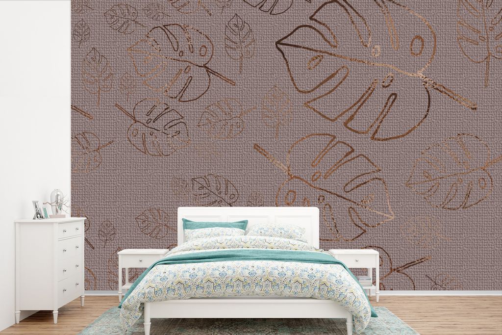 MuchoWow Fototapete für Wohnzimmer oder Schlafzimmer Wandtapete Vinyl Motivtapete Muster - Lila - Bronze - Blätter - 330x220 cm - Fototapeten