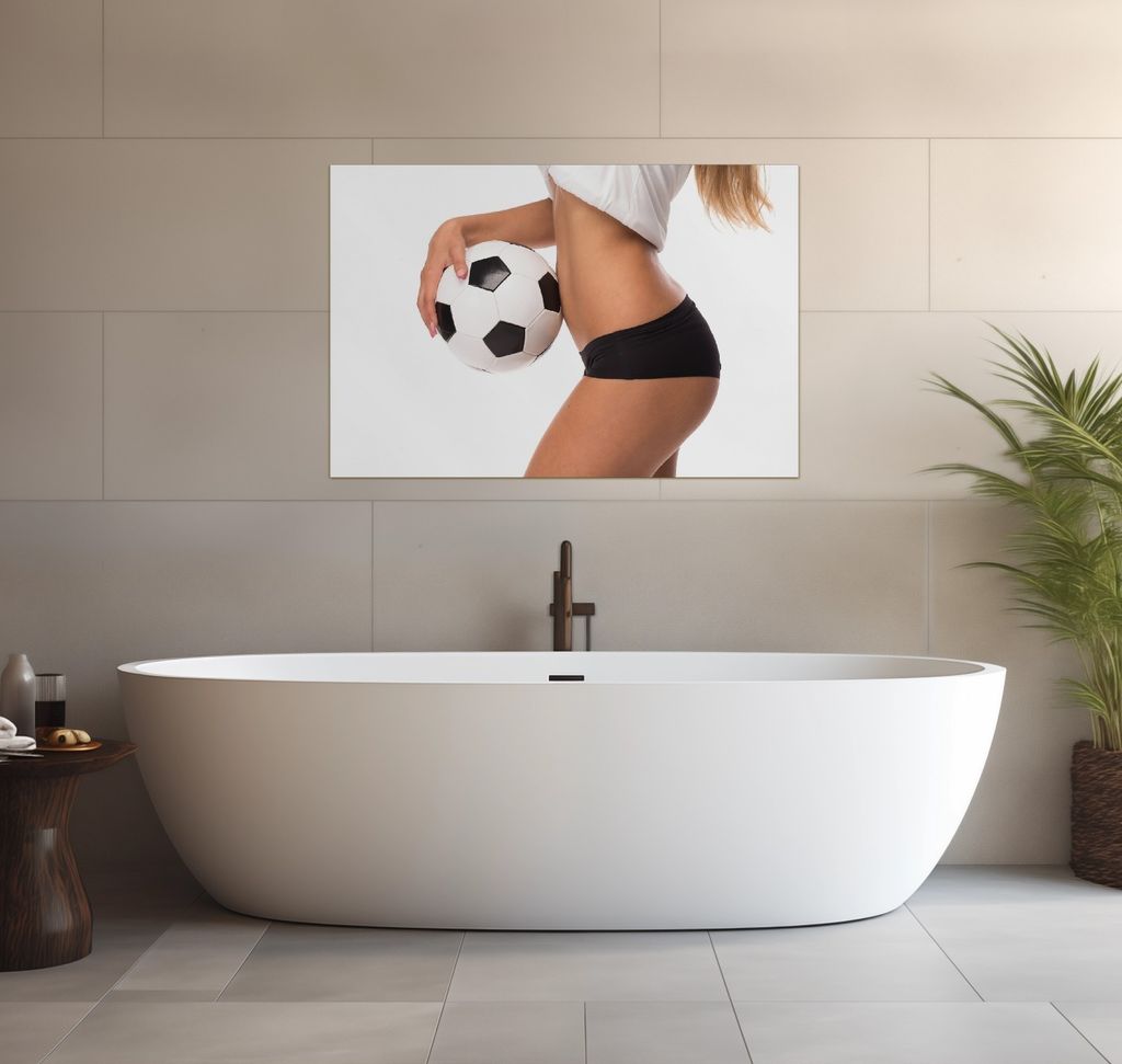 Wallario wasserfestes Poster selbstklebend 91,50 x 61 cm, Fußball - sexy Frau mit einem Fußball, Badezimmerposter Spritzschutz mit Hochglanzoberf...