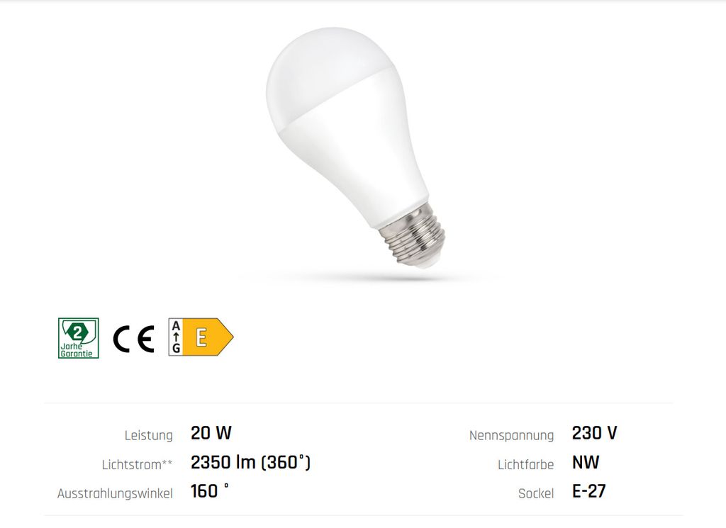 Spectrum LED Leuchtmittel Birnenform A60 20W E27 matt Produktbild 4