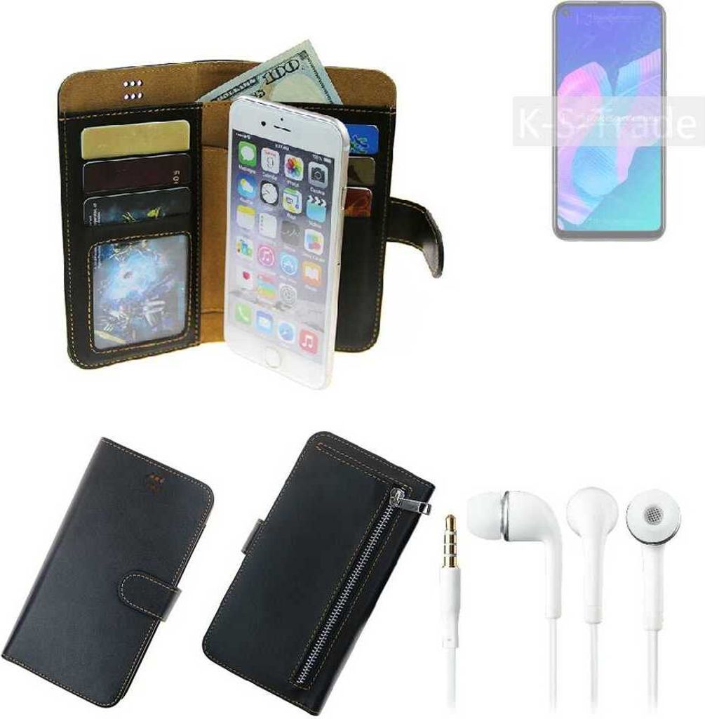 TOP SET Handy Hülle Schutz Hülle kompatibel mit Huawei Y7p schwarz aus Kunstleder + Kopfhörer Smartphone Tasche vollwertige Geldbörse