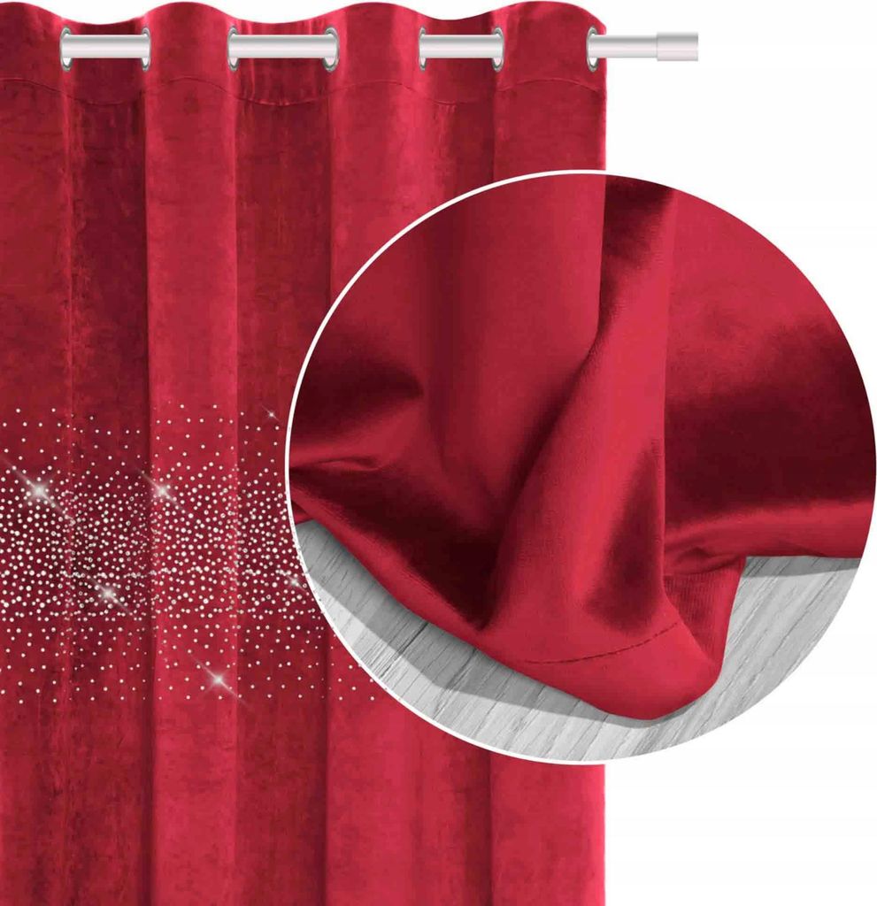 A close-up view of a red curtain with sparkling embellishments, and a magnified section showing the fabric texture.