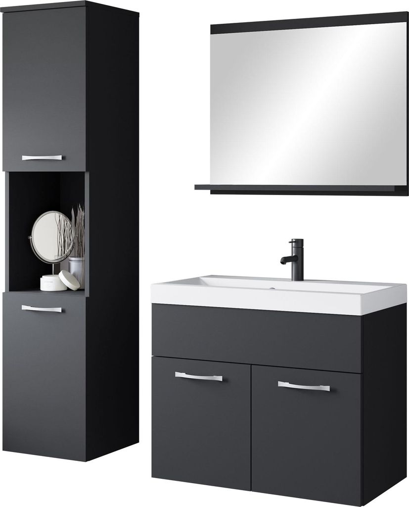 MIRJAN24 Badmöbel-Set Montreal, Badezimmer-Set mit Spiegel und Waschbecken (Farbe: Schwarzer Graphit, mit Siphon)