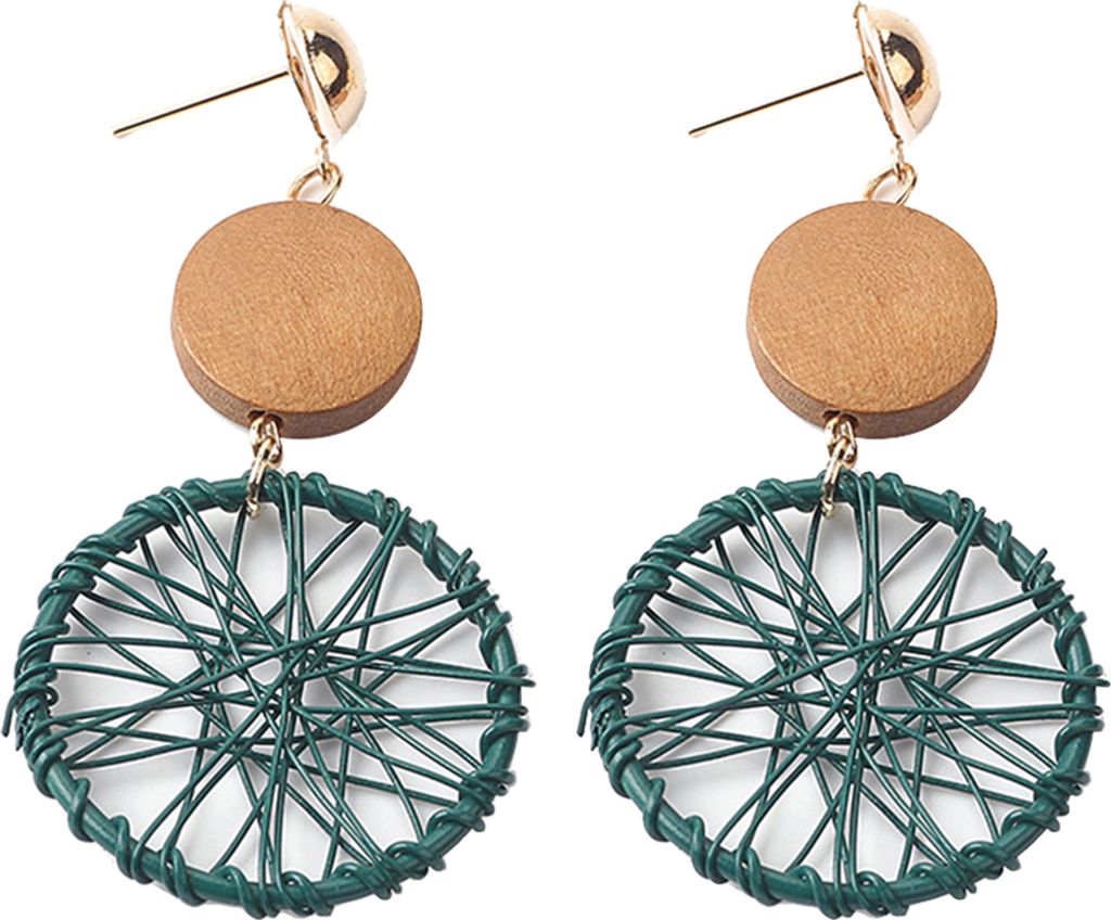 Vintage Damen-Ohrstecker aus Holz, rund, Traumfänger, Statement-Ohrstecker, Schmuck, Geschenk-Grün