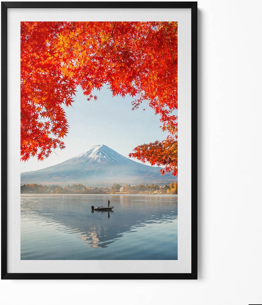Landschaft des Mount Fuji unter einem roten Baum– Wandbild mit Rahmen – Gerahmtes Bild – Wanddekoration – 70x100 cm – Schwarz Rahmen
