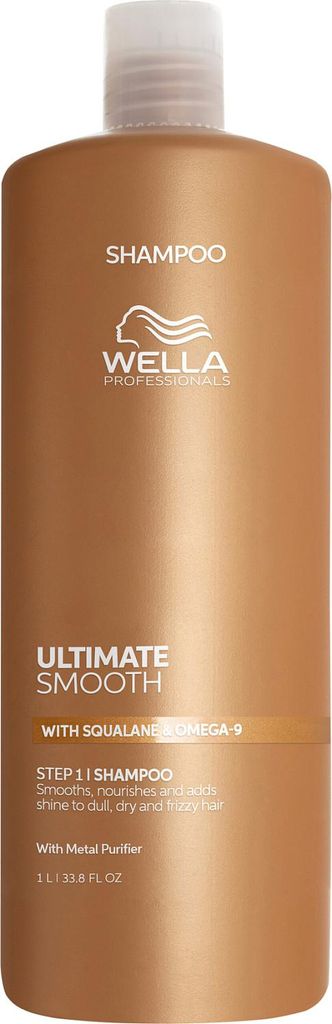 A studio shot of a large bottle of Wella Ultimate Smooth Shampoo.