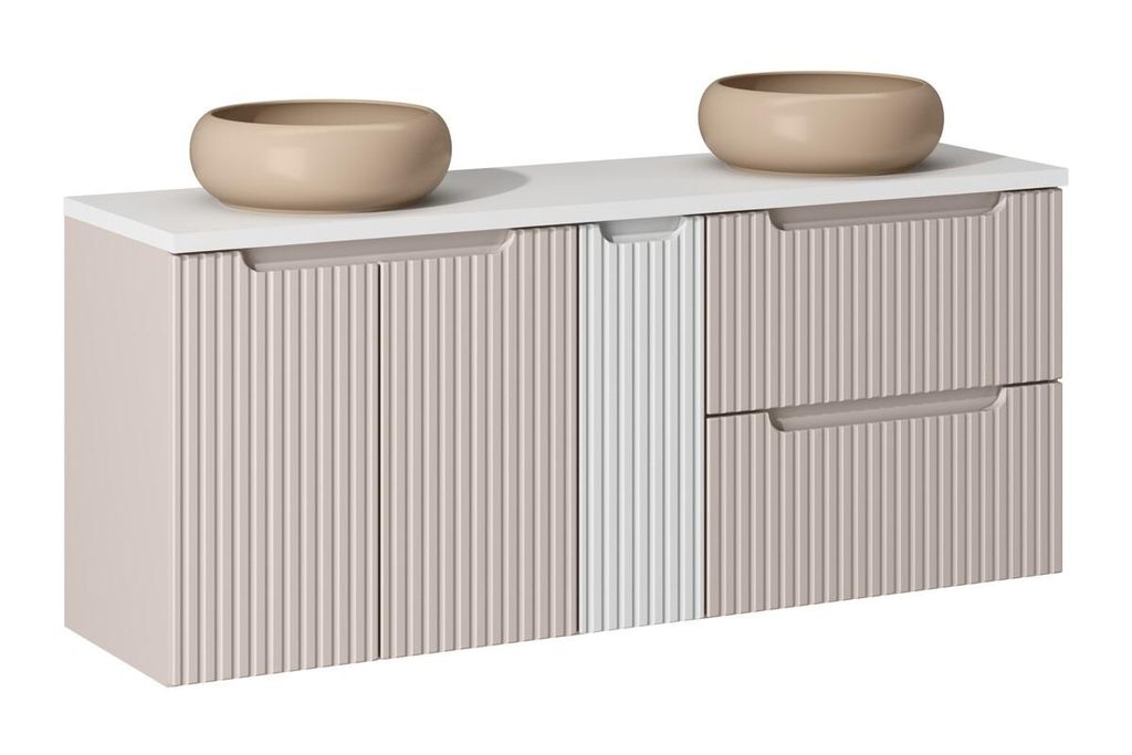 Badmöbel-Set Mit Arbeitsplatte (140 cm) 2 Aufsatzwaschbecken & 2 Unterschrank 60 cm , Nova Cashmere N BM149 - Kaschmir Matt/Weiß Matt