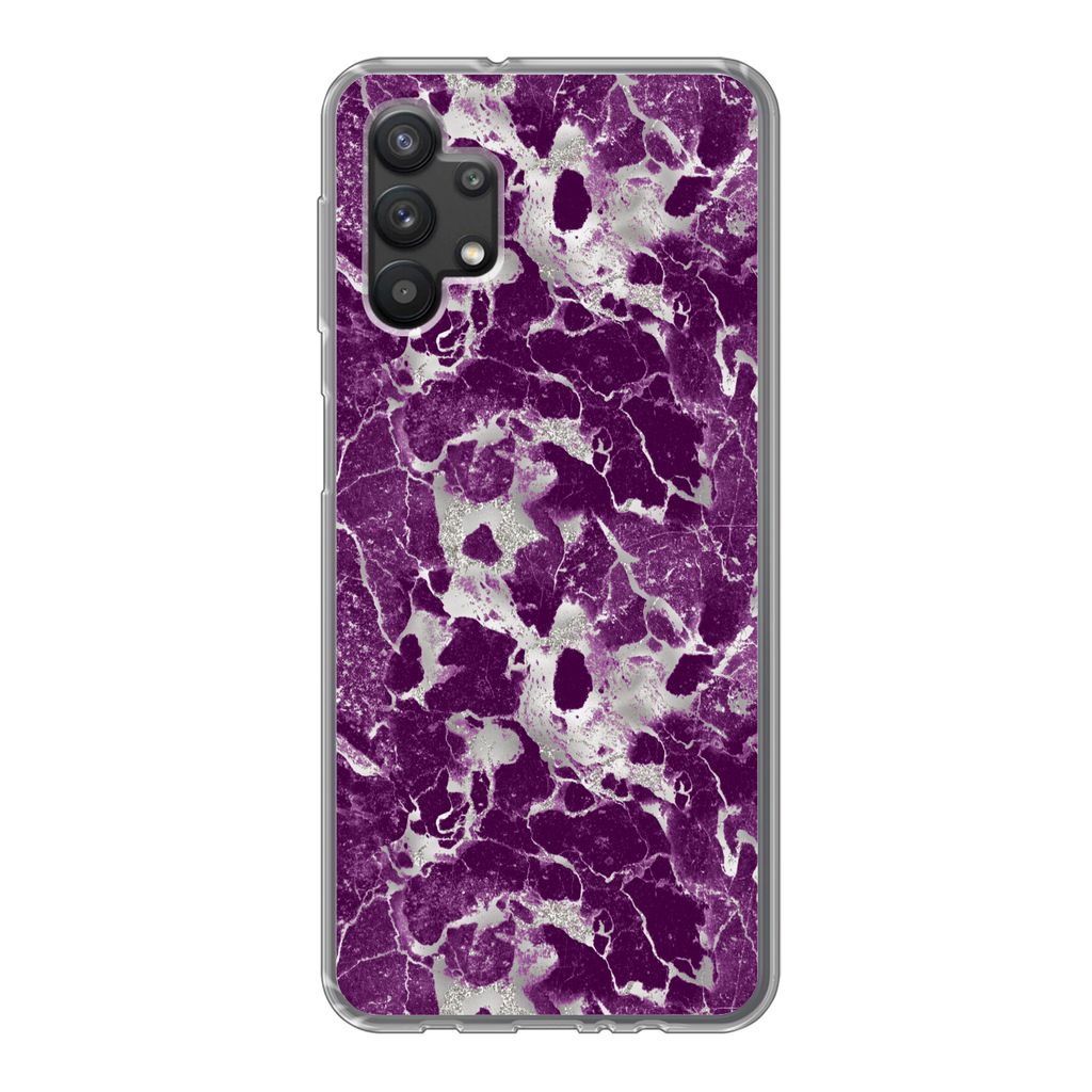 MuchoWow Handyhülle Schutzhülle Hülle für Samsung Galaxy A32 5G Marmor - Glitter - Lila - Muster Silikon Softcase Handy Hülle - Softcase