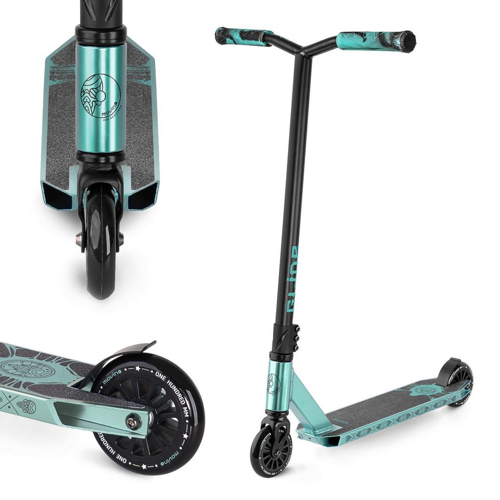 A teal and black stunt scooter is shown from multiple angles against a white background.