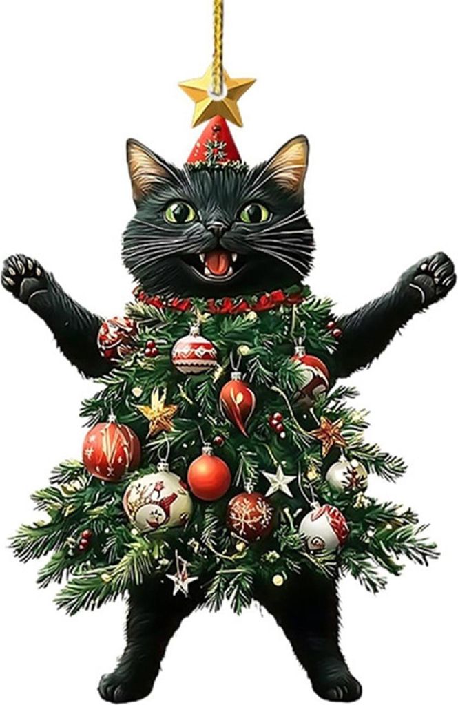 Weihnachtskatze im Weihnachtsbaum, Acryl-Hängeornament, 2D-flacher Auto-Rückspiegel-Anhänger, Weihnachtsgeschenk für Katzenliebhaber
