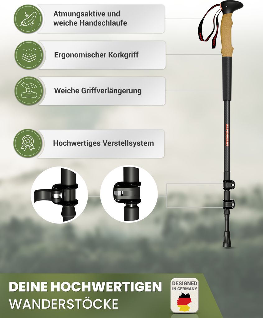 Ulraleichte Carbon-Teleskop-Wanderstöcke – Nur 190 G – 62–135 Cm Verstellbar – Korkgriff + EVA – Für Damen & Herren, Trekking & Nordic Walking