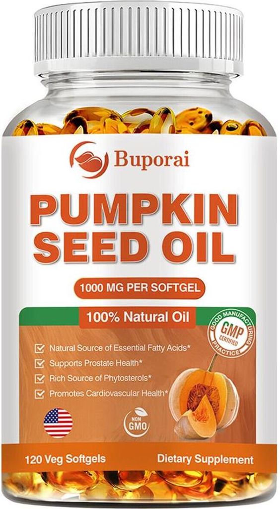 Pumpkin Seed Oil 1000mg (120 Kapseln) Nahrungsergänzungsmittel, Harnwege, Blase, Herz, Gehirn, Haare
