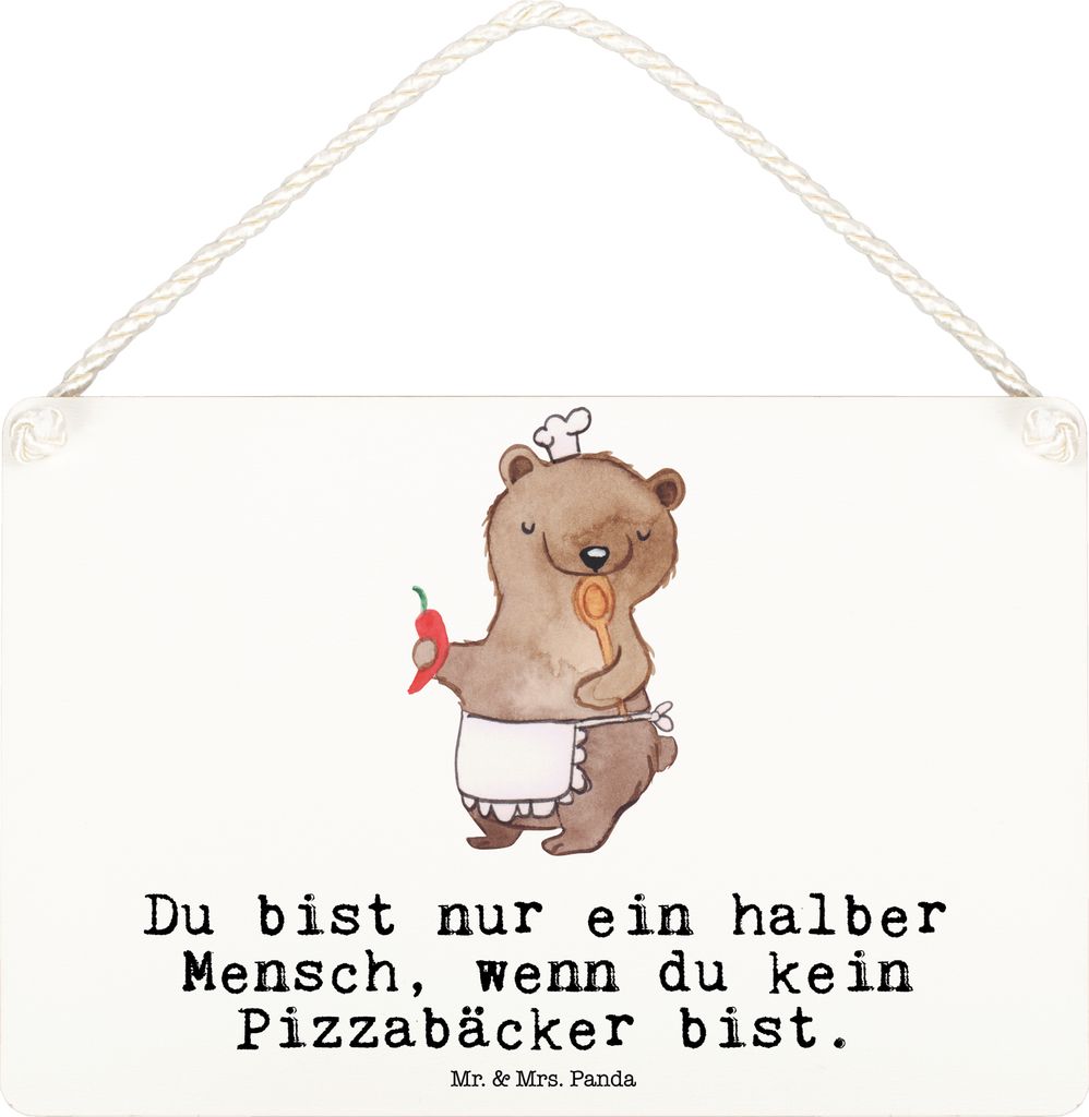 Mr. & Mrs. Panda Schild Pizzabäcker Herz DIN A6 - Weiß - Geschenk, Spruch, wandtafel, Lustig, Türschild, Pizzabringdienst, Dekobrett, Witzig, Wa...