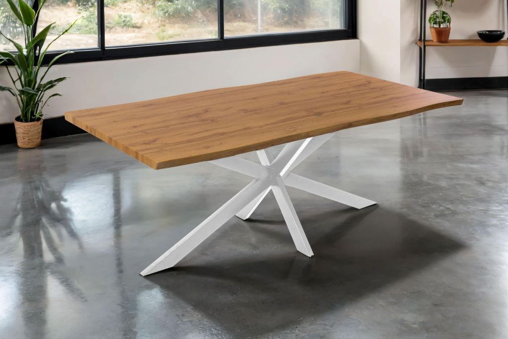 Esstisch Josy | 200 x 100 cm | Holz Wildeiche-Optik | Spider-Gestell Metall Weiß | 40 mm Tischplatte mit Baumkante | Tisch für Esszimmer & Küche