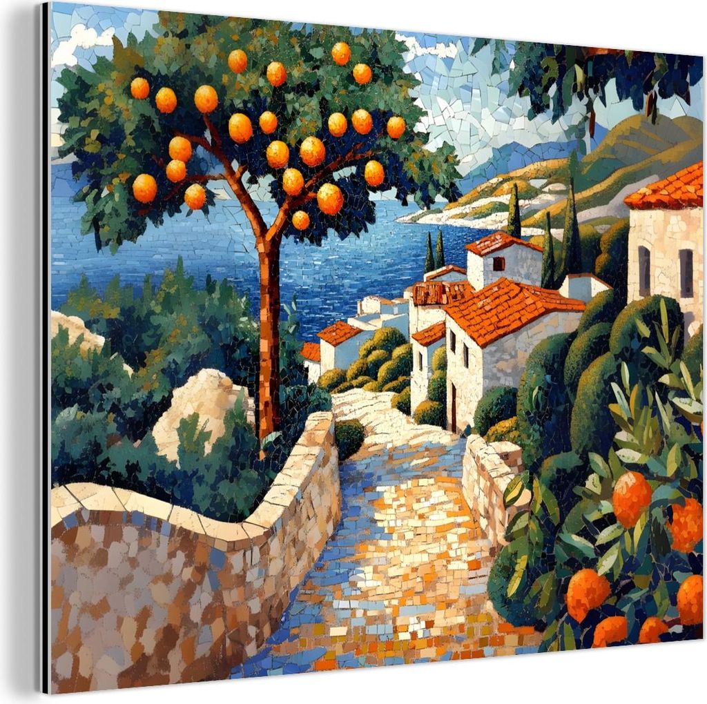 MuchoWow Wanddekoration Metall Metallbild Wandkunst 40x30 cm Häuser - Mosaik - Orangenbäume - Meer MuchoWow Aluminium Gemälde - Dekoration Wohnz...