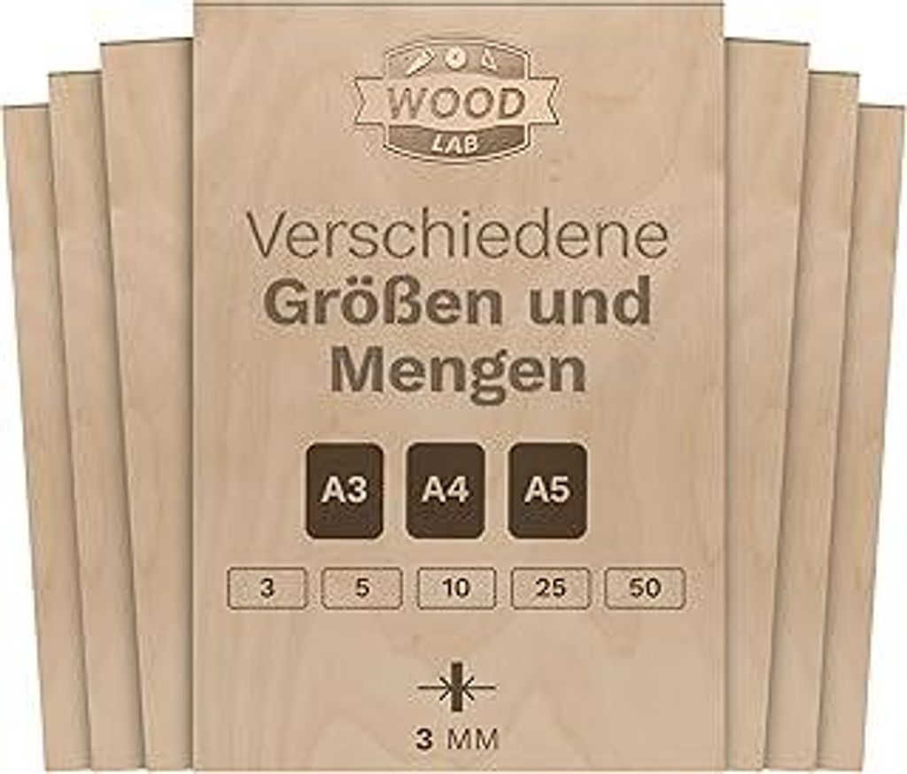 Wood Lab 10 x A4 Sperrholzplatten aus Birkenholz, 3 mm(± 0,5 mm) 29,7 x 21 cm A4 zum Dekorieren, Basteln, CNC,Laser