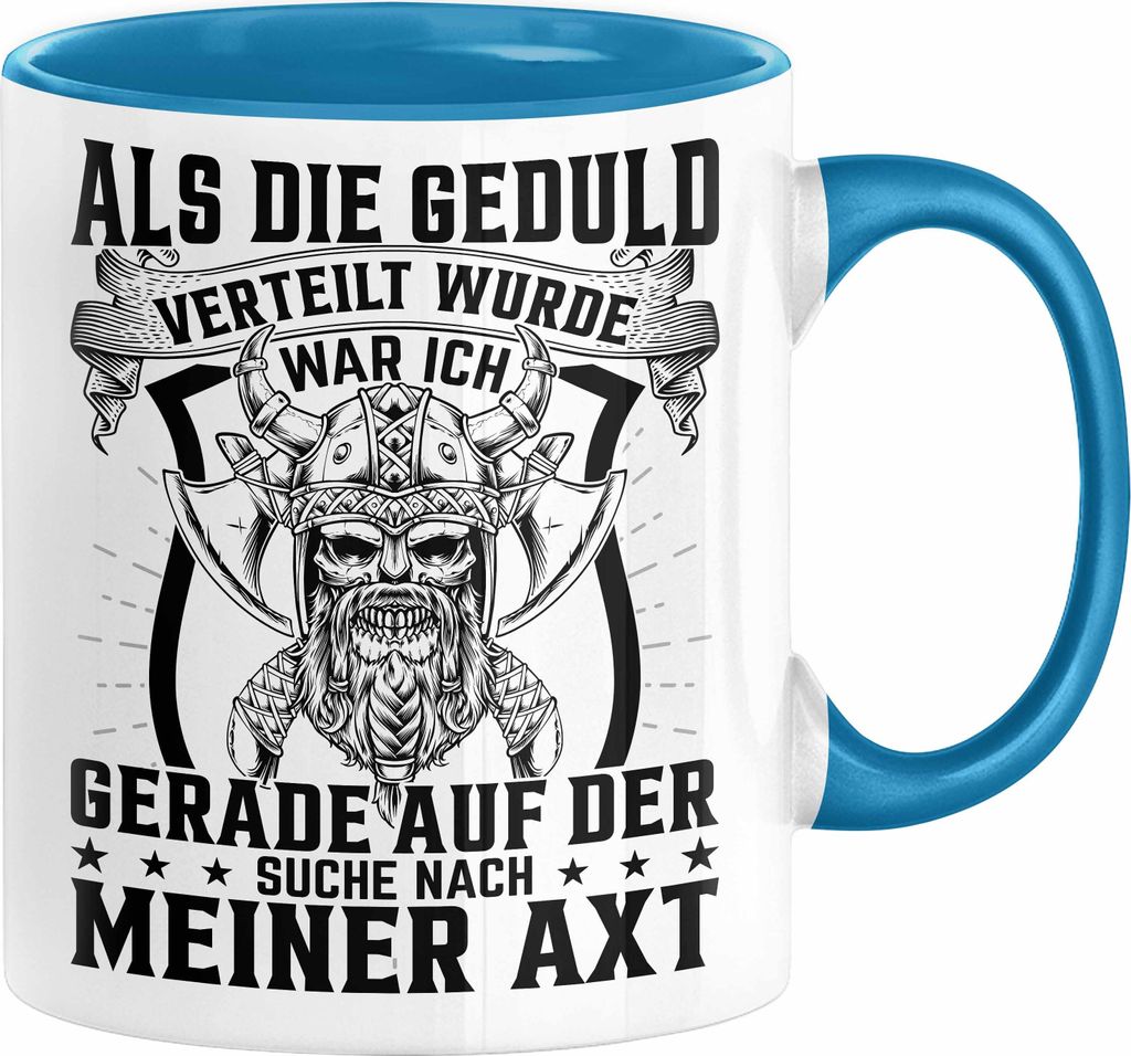 Forstwirt Geschenk Tasse Waldarbeiter Axt Holz Hacken Totenkopf Wikinger Kaffee-Becher für Holzfäller (Blau)