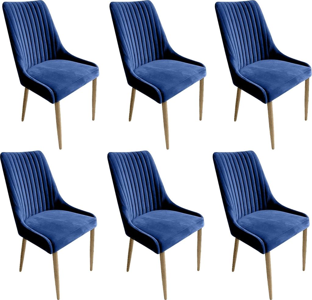 Meble Ares 6er Set Esszimmerstühle MASSIMO - 48 x 52 x 100 cm Esstisch Stühle - Stühle Esszimmer - Buchenholz, Samt Dunkelblau, Holz