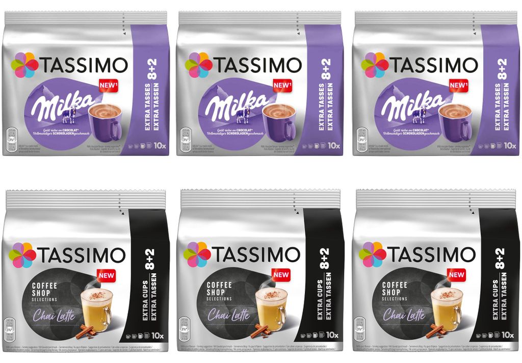 TASSIMO Kapseln Choco-Chai-Paket je 3 Packungen Milka & Chai Latte 60 Getränke