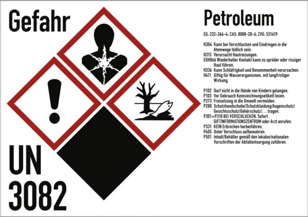 Dreifke Gefahrstoffkennzeichnung Petroleum nach GHS, Folie, 105x74 mm, Idx 2019