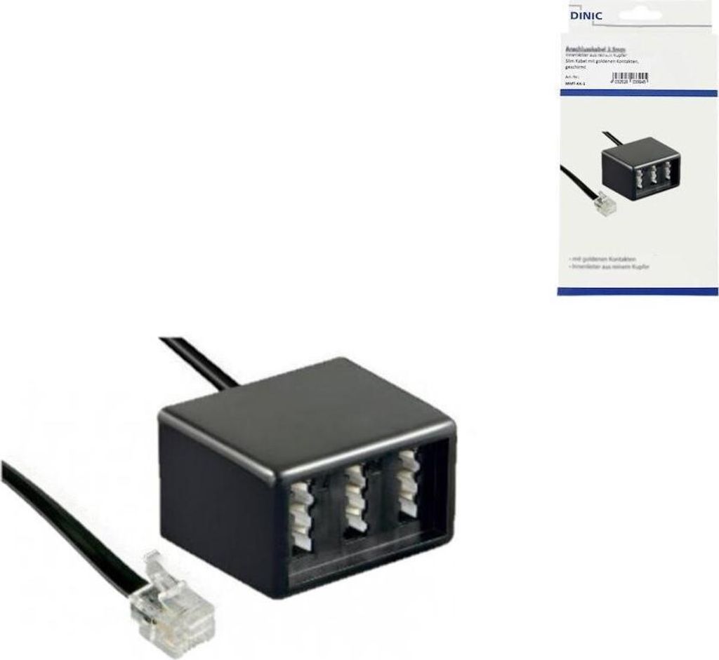 DINIC TAE Verteiler, 3x TAE N/F/F Buchse auf RJ11/RJ45 Stecker (6P4C), 0,2 m, Schwarz (T-RJ-NFF-KB)