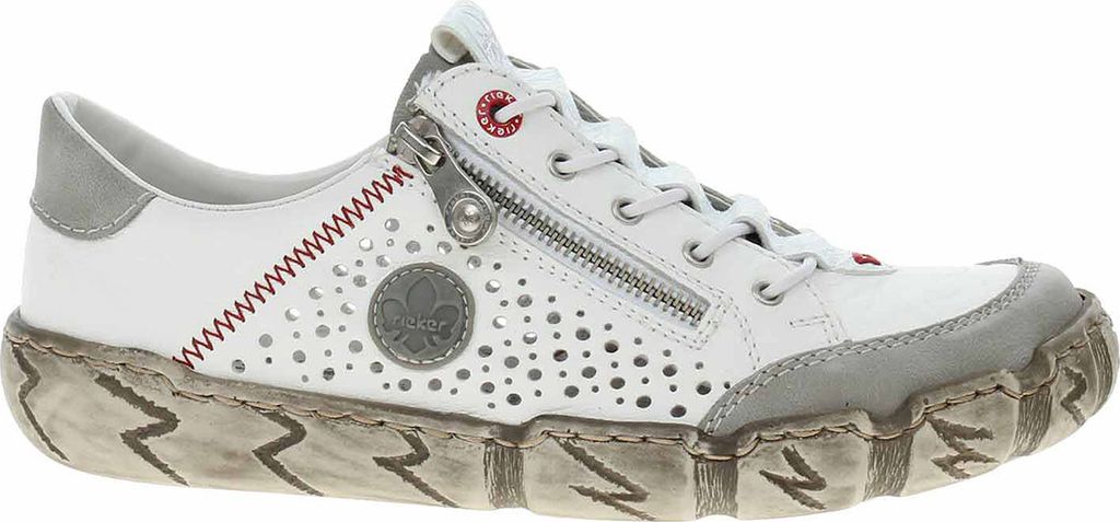 A single white sneaker with gray accents and a distressed sole, shown from a side-view.