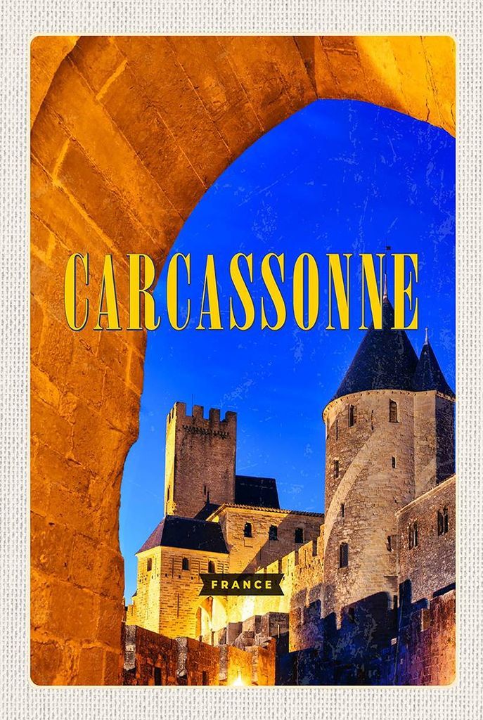 vianmo Holzschild 18x12 cm Retro Carcassonne France Mittelalter Bildmotiv Reisemotiv Abenteuer Reisen