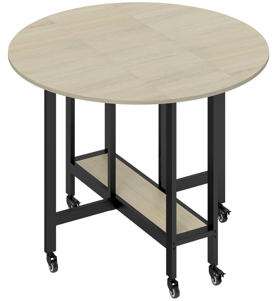 Klapptisch, Tisch mit Klappfunktion und offener Ablage, Rollbarer Küchentisch für Esszimmer, kleine Räume, Natur