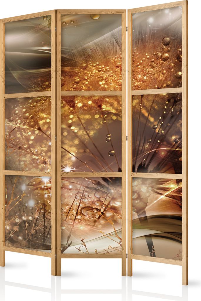A three-panel room divider with a printed image of dandelion seeds and water droplets.