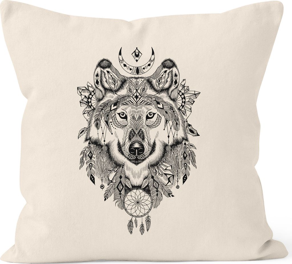 Kissenbezug Wolf Traumfänger Atzekenmuster Boho Bohamian Atzec Ethno Autiga natur 40cm x 40cm