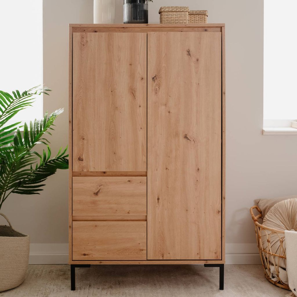 Homestyle4u Kommode Sideboard Highboard Schrank mit 2 Schubladen 6 geschlossenen Fächern Holz Eiche