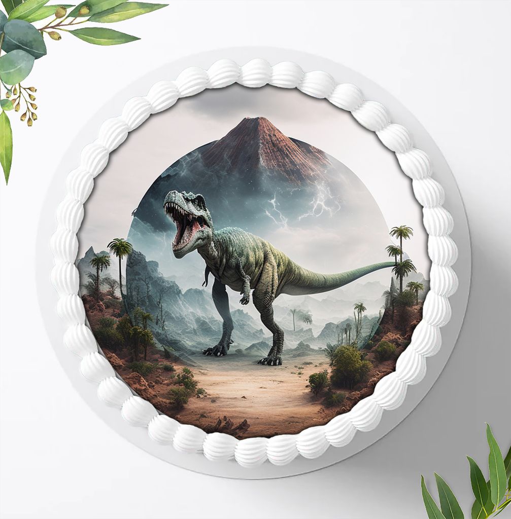 Für die Geburtstags Torte ein Tortenaufleger, Zuckerbild mit dem Motiv: Dinosaurier, Essbares Foto für Torten, Fondant, Ø 20cm, 1202z